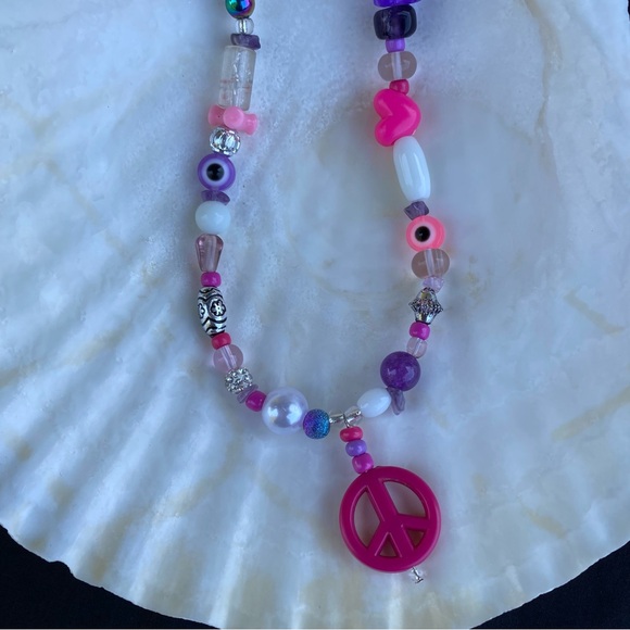 Peace of My Heart Beaded Pendant Necklace Silver Crystal Stone Evil Eye Heart - Picture 7 of 14